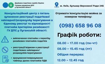 Консультаційний центр при ГУ ДПС у Луганській області з питань зупинення реєстрації податкової накладної/розрахунку коригування в Єдиному реєстрі та відповідності платника критеріям ризиковості