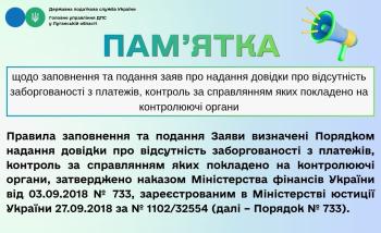 Заповнення та подання заяв про надання довідки про відсутність заборгованості з платежів, контроль за справлянням яких покладено на контролюючі органи